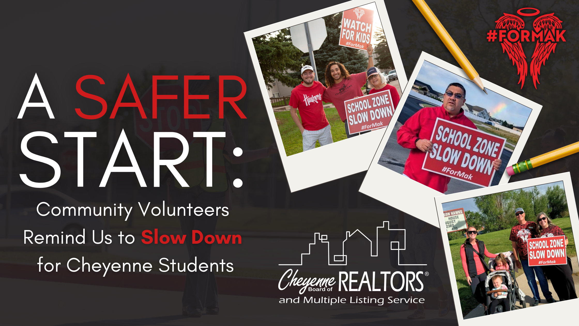 Volunteers hold 'School Zone Slow Down' signs for Cheyenne students, promoting safety in school zones.